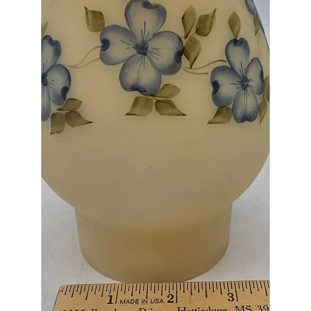 Fenton Glass Signed Globe for Hurricane Lamp Blue Dogwood On Satin Custard